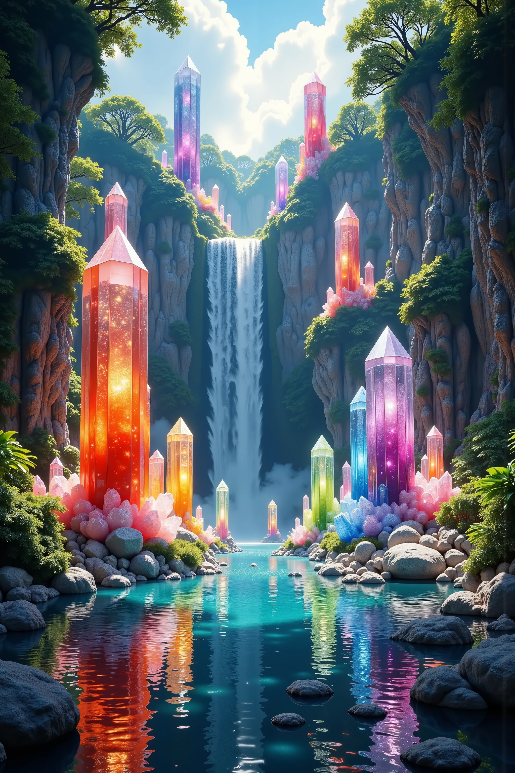 A cliff that is 300 feet tall made up of gigantic and translucent quartz crystal points that are multicolored pillars in a tropical rainforest. In the middle of these skyscraper sized quartz crystals is an incredible gushing, cascading waterfall that pours into a beautiful lagoon that is lined with hundreds more quartz crystals 20 - 40 feet tall. In hues of Pink, Red, Orange, Yellow, Green, Blue, and purple, there are hundreds of them and they must be partially translucent, partially see through just like real crystals can be and radiate color in the bright full sunlight of the day. Insert hundrexs more crystals in the lagoon! Breathtakingly beautiful, stunning, Awe Inspiring, An Awesome Site! Ultra-realistic, 8K Octane, Action Painting, Artistic, Cinematic, Cinematography, Conceptual Art, Digital Art, Fujicolor, Super Saturated Colors, Hyperdetailed, Hyperrealism, Photorealistic,Portrait Photography, Surrealism, Unreal Engine, Sparkle, Depth Of Field, Cinematic Lighting, Glowing Light, Reflection Light, Ray Tracing, God Rays, Perspective, Ultra-Wide Angle, UHD, Super Detailed, Best Quality, Detail, Award Winning, Masterpiece