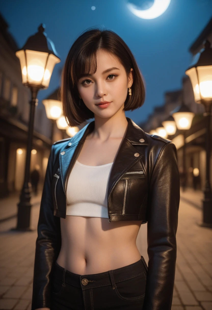 (Best quality, 8k, 32k, Masterpiece, UHD:1.2),Photo of Pretty Japanese woman, 1girl, (medium-short dark brown hair), double eyelid, large breasts, walking, sexy outfit with jacket, colorful wear, cropped top, night