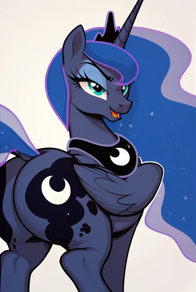 score_9,score_8_up,score_7_up,score_6_up, ((my little pony)), radiant lighting, vibrant colors, whimsical atmosphere, 8K, high resolution, highly detailed, masterpiece, princess Luna, fishnet stockings, dress, showing the butt, dripping pussy, grave cutie mark, (((beautiful patterned panties:1.2))), big butt