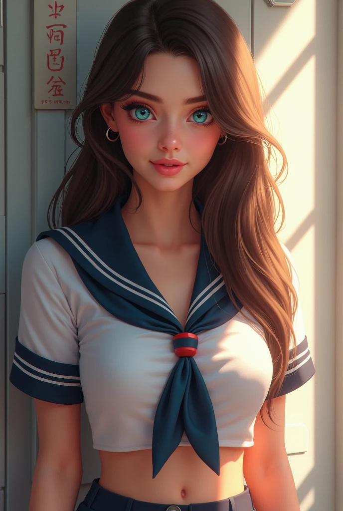 beautiful female face, wearing a sailor outfit, gorgeous eyes, intricate, cleavage, soft lips, smiling, naughty, seductive glance, freckles, side boob, under boob