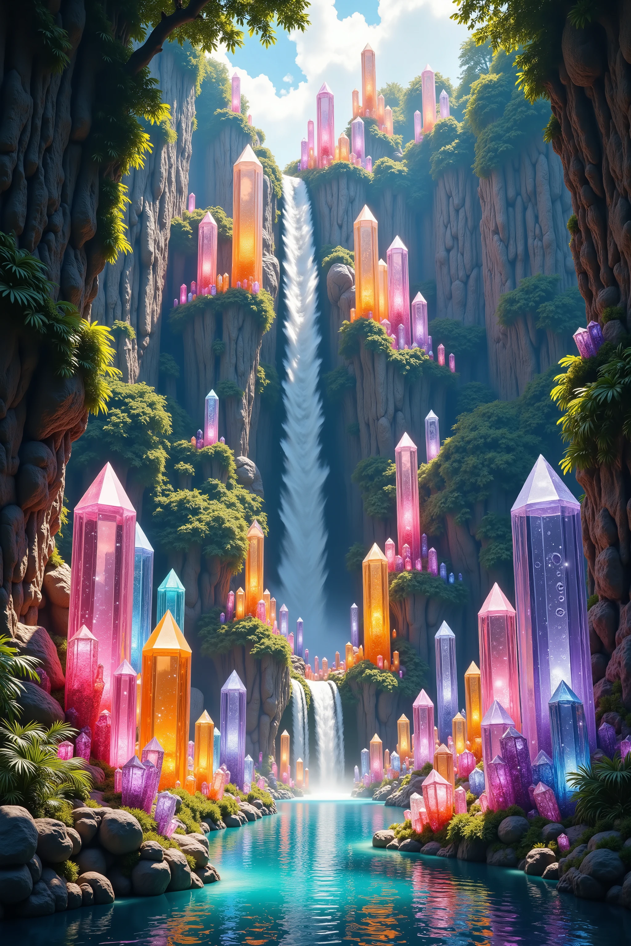 A cliff that is 300 feet tall made up of gigantic and translucent quartz crystal points that are multicolored pillars in a tropical rainforest. In the middle of these skyscraper sized quartz crystals is an incredible gushing, cascading waterfall that pours into a beautiful lagoon that is lined with hundreds more quartz crystals 20 - 40 feet tall. In hues of Pink, Red, Orange, Yellow, Green, Blue, and purple, there are hundreds of them and they must be partially translucent, partially see through just like real crystals can be and radiate color in the bright full sunlight of the day. Insert hundrexs more crystals in the lagoon! Breathtakingly beautiful, stunning, Awe Inspiring, An Awesome Site!  Ultra-realistic, 8K Octane, Action Painting, Artistic, Cinematic, Cinematography, Conceptual Art, Digital Art, Fujicolor, Super Saturated Colors, Hyperdetailed, Hyperrealism, Photorealistic,Portrait Photography, Surrealism, Unreal Engine, Sparkle, Depth Of Field, Cinematic Lighting, Glowing Light, Reflection Light, Ray Tracing, God Rays, Perspective, Ultra-Wide Angle, UHD, Super Detailed, Best Quality, Detail, Award Winning, Masterpiece