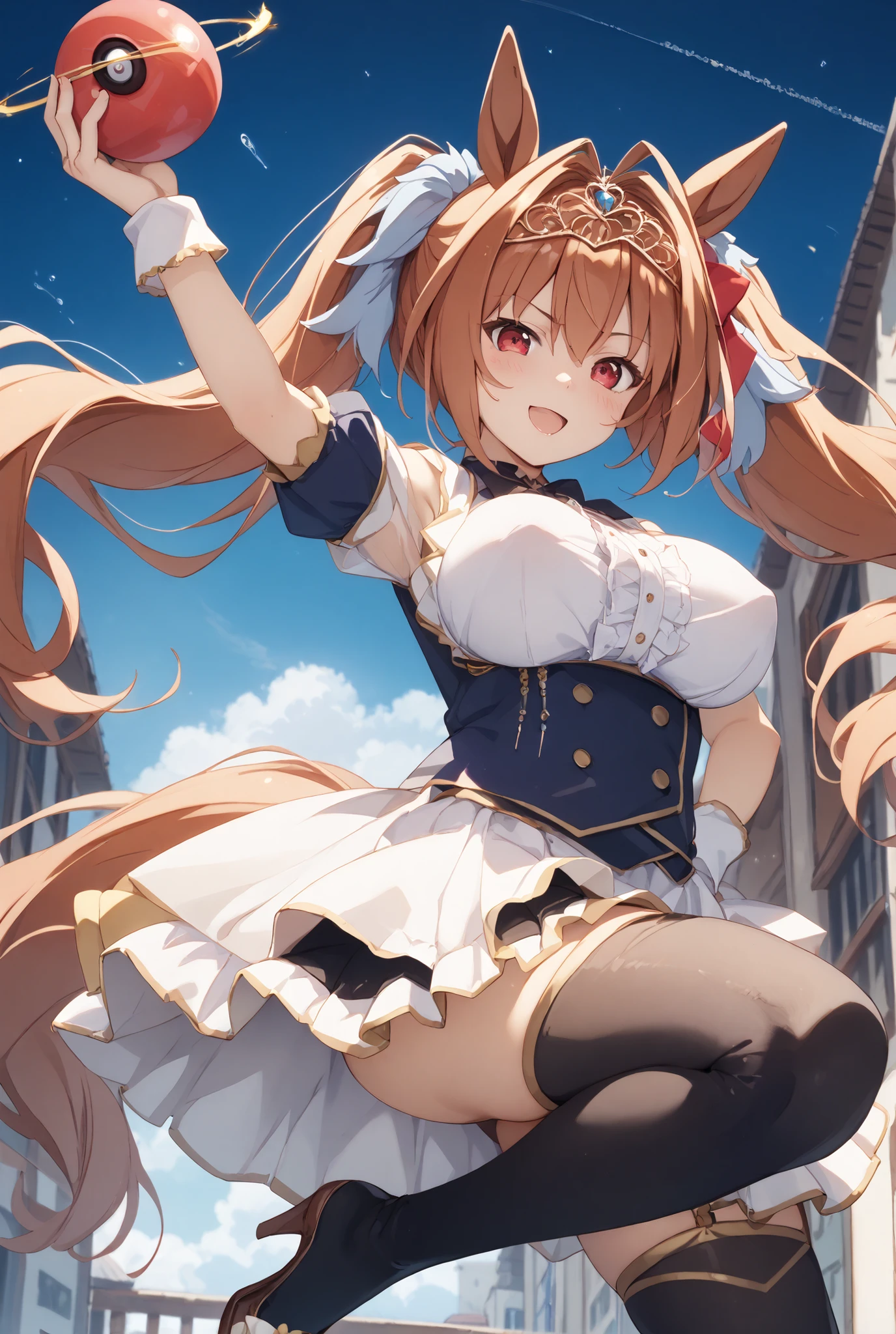 1 girl、Daiwa Scarlet(Uma Musume)、Uma Musume、red brown hair twin tails、plump purun swaying breasts、full of music、long red brown hair twin tails、、、、、Uma Musume、red eyeball 、Red eyeball、very very very very very big breasts(Big Breasts:9.9)、dancing to swaying breasts、putting a tiara on your head、dancing、dancing to music、from below、 Ashikiri、embarrassing、The city is full of♪、The city is full ofおんぷ、 Toeless legwear、 Cross-laced legwear、masterpiece、Highest Quality、uncensored、The location is downtown、Building district、In the downtown area音楽が溢れる、In the downtown area♪