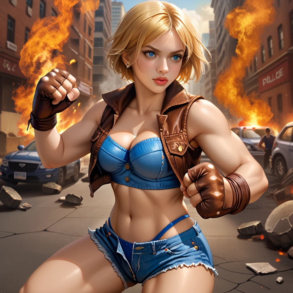 mejor calidad, high resolution, androide 18, solo , chica rubia, blue eyes, cuerpo mojado, sonrisa sexy, postura de combate, pechos grandes, Ruinas de batalla, Caderas anchas, piernas gruesas, closed fists, Bikini rojo posando