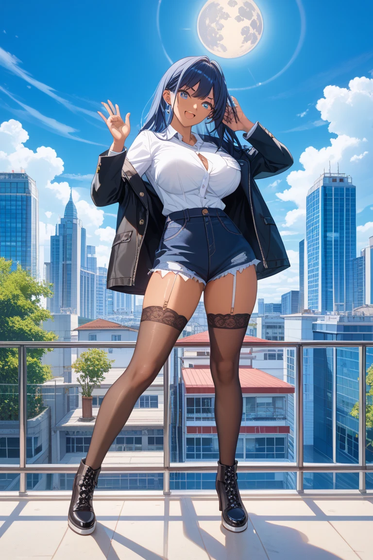 最high quality、full body portrait、miniature painting、The whole body、best image quality、8k、full body description、wide lens photography、beautiful proportions、nice expression、(full body),dynamic view、panoramic view、Cinematography、Sunlight、masterpiece、girl、18-year-old、big breasts、plump bust、largebust、Bust 98,beautiful blue eyes、wide open chest,Bold chest、cleavage、blue ponytail、Slender body、Full body shot、Army Fashion、vinyl coated enamel costume、See-through fashion、lace bra、white satin scarf、transparent vinyl army、Glossy vinyl white miniskirt、High in the sky、fascinating face、slightly open mouth、Sapphire Hair Ornament、high quality、beautiful art、Sitting on the edge of the roof of a skyscraper、overlooking the city、Blowing in the wind、table top、visual art、Depth of bounds written、Love Live, Eli Ayase、