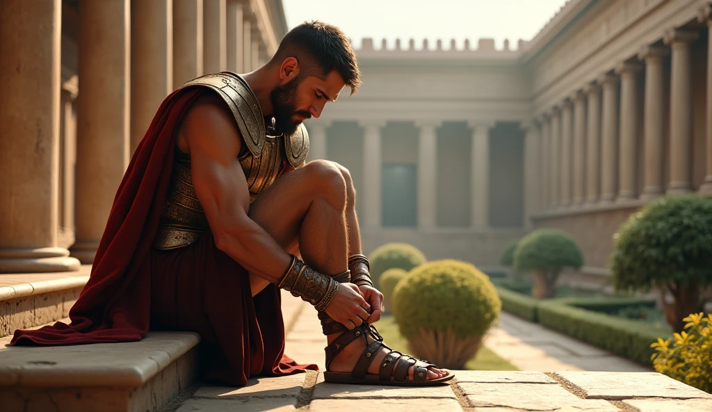 An ancient roman wearing a purple toga with a cane, walking in a garden of poppies