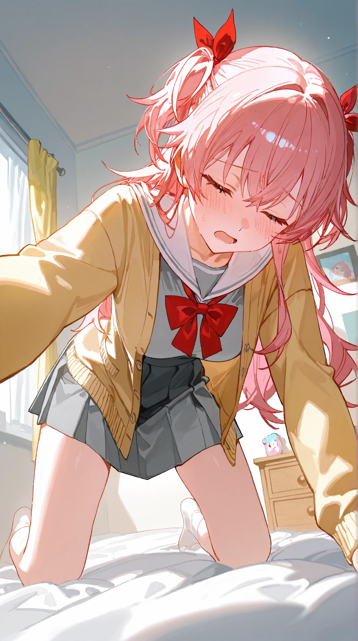 Portrait, official art, best masterpiece, best quality, best resolution, 8K, best detailed, perfect anatomy, 
BREAK
looking at viewer
BREAK
1girl, uzuki, bunny pose, (low-tied long hair), pink hair, red eyes, ahoge, crescent hair ornament, rabbit hair ornament, hair ribbon, , serafuku, ribbon, long sleeves, pleated skirt, (flat chest)
BREAK
have to pee, standing, (pigeon-toed:1.1), hold your crotch, (leaning forward:1.2), (trembling:1.4), (thighvibe), (vibrator in thighhighs:1.3), 
BREAK
(despairing:1.5), (blush:1.3), (female orgasm:1.3), (crying, tears), 
BREAK
(crowd:1.3), (huddle), sidewalk, city, very fine and detailed 16KCG wallpapers