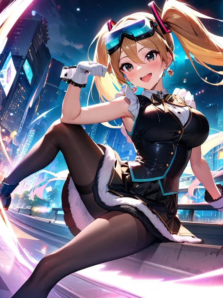 masterpiece, best quality, high resolution, city background, uhd, blond hair, comsic bright glowing dress, kawacy, young, (fantasy 1.5) pigtails hair, 4k, dark rainbow, kodak, oil, sailor scout, nylon, brilliant, running, wide range