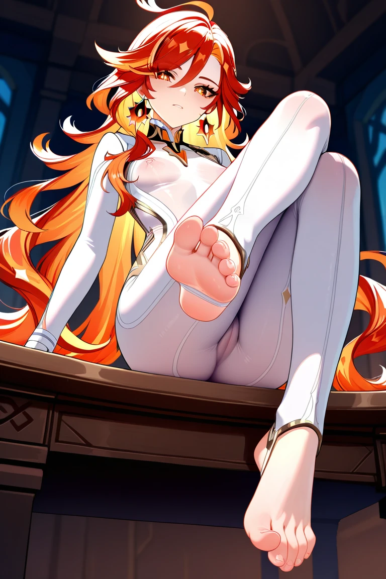 (girl), masterpiece, ultra detailed, 8K Portrait, Raw photo, woman's portrait photography, full body, Highly detailed face, mischievous childish smile, blush, ((Fantasy)), ((young)), , 160cm, (((student))), ((tanned skin)), (((dark orange colored long straight hair))), (((blunt bangs))), hair ornament, (((naked:1.5))), (spread legs:1.5), (pubic hair:1.5), Midday sun, Hyper realistic, Slender body, by the snowy castle, Ambient lighting, Shadow details, Camera focus on face, strong breeze, Light fog, from side,