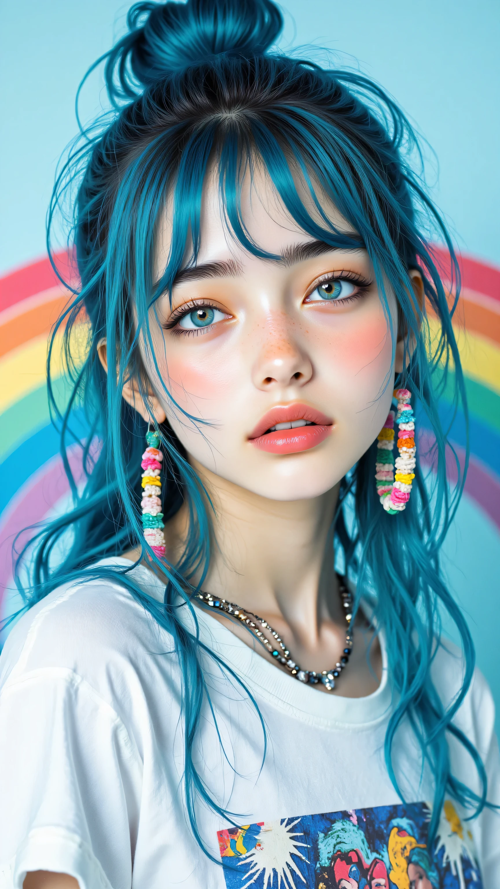(colorful hair: 1.8), (All the colors of the rainbow: 1.8),(((((Vertical painting:1.6))), (painting:1.6),front, comics, shapes, painterly, Big eyes, Clear Eyes,( rainbow color slope high ponytail:1.7), Exquisite makeup, Mouth closed,(Small Fresh: 1.5),(Wipe the chest: 1.6) ,Long eyelashes,Looking at the audience, Big teary eyes, (Rainbow Hair:1.6), カラーsplash, (alone:1.8), カラーsplash, An explosion of colors, Thick paint style, Messy Lines, ((The Shining)),(colorful), (colorful), (colorful), colorful, Thick paint style, (splash) (カラーsplash), Vertical painting, Upper Body, paint splashes, Acrylic Pigments, slope, paint, Best image quality, Highest quality, Tabletop, alone, Depth of written border, フェイスpaint, (elegant: 1.2), Nice,Long Hair, Wind, (elegant: 1.others: 1.4),(((Tabletop))),(((Highest quality))),((Very detailed)),(shape),(Dynamic Angle),((floating)),(paint),((Messy Hair)),(alone),(1 Girl) , (((Detailed anima face))),((Beautiful and elaborate face)),collar,Bare shoulders,Gray Hair, ((colorful hair)),((Striped Hair)),Beautiful and beautiful eyes,(Gradient color eyes),(((colorful eyes))),(((colorful background))),(((High color saturation))),(((colorfulな水しぶきに囲まれている))),(((Completely naked))),(((nsfw)))