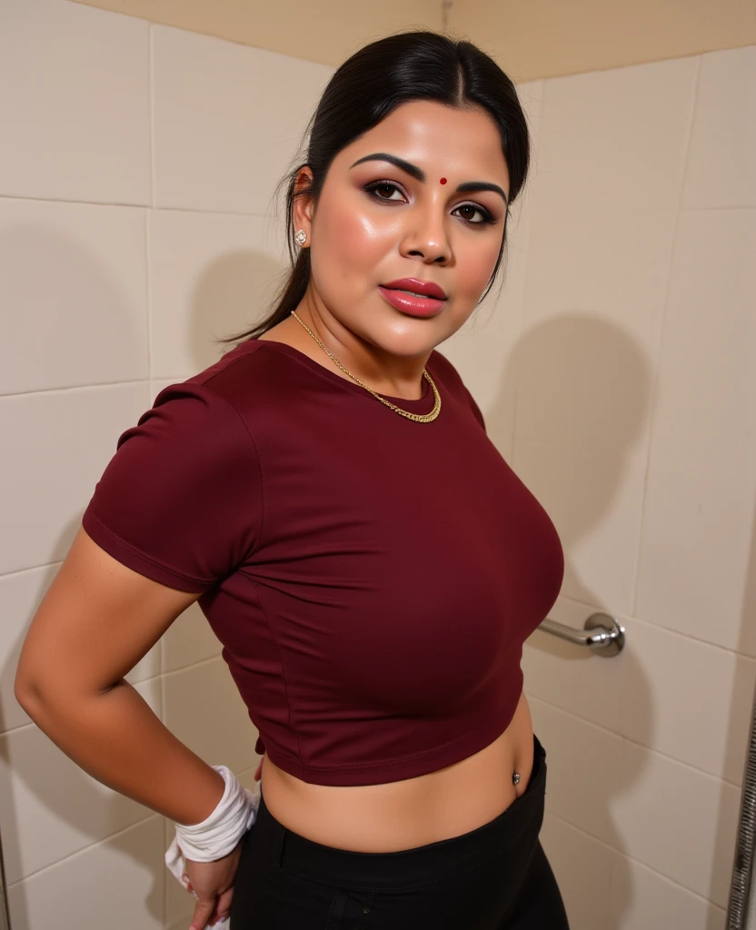 A 3 plus sized South Indian women wearing a purple colour silk short skirt and black colour shirt, standing in a kitchen