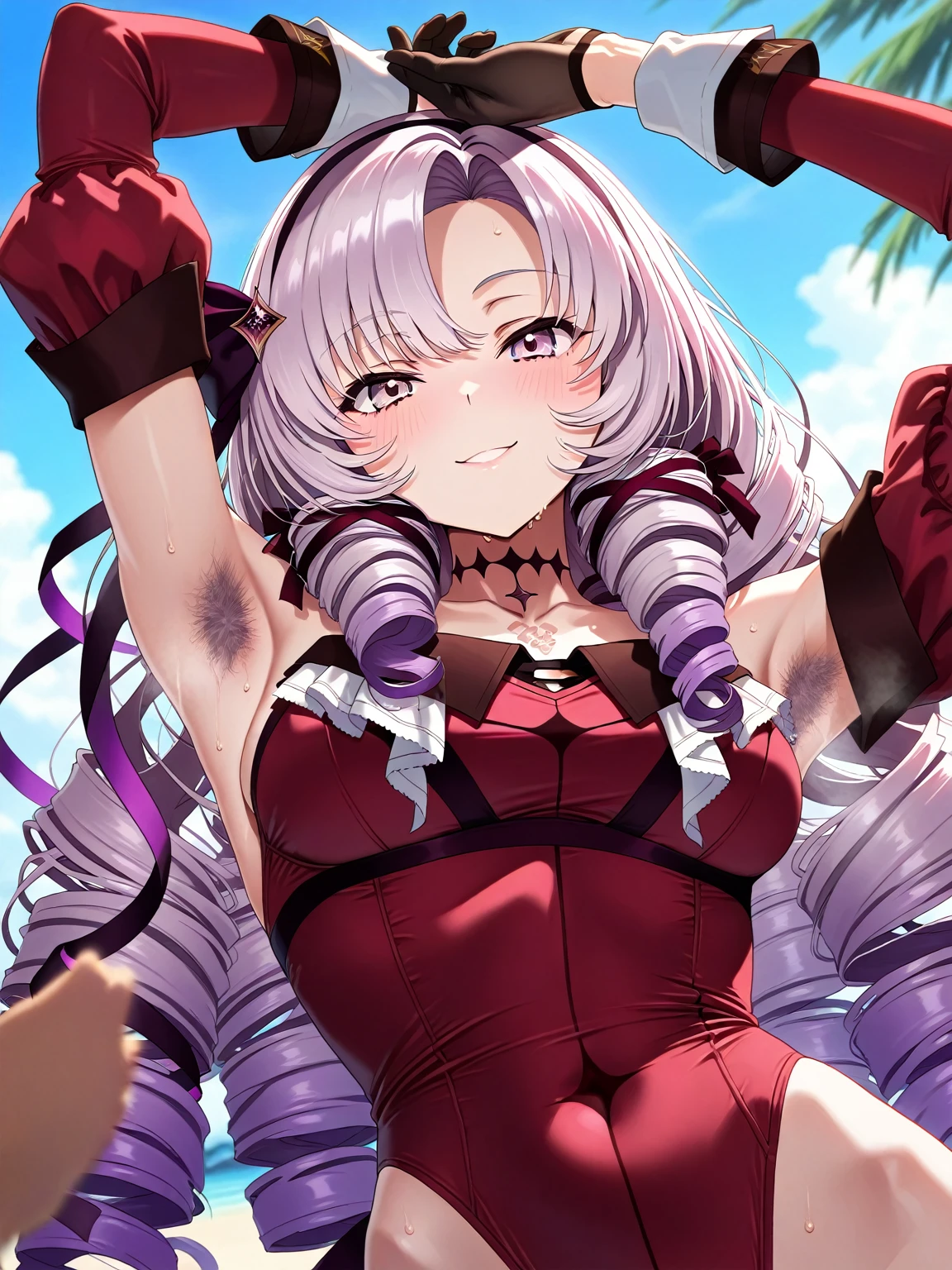 beautiful, (masterpiece:1.2), (Highest quality:1.2), Perfect Eyes, Perfect Face, Perfect lighting,One girl, Oily skin,masterpiece, Highest quality, High resolution, (Salome), Drill Hair, Parted bangs, hair band, ribbon, Purple eyes, Large Breasts, tattoo, ((Red tight dress made of cupra material)),mini skirt,Long sleeve, Bare shoulders, Black gloves, Cowboy Shot,Open your mouth, ((headset)),Constricted eyes,have to pee,,Crying face,tears,Saliva1,close your eyes,
hand between legs, leaning forward,((gushes out)),(((Urine splashes))),Pee running down the inside of the thigh,