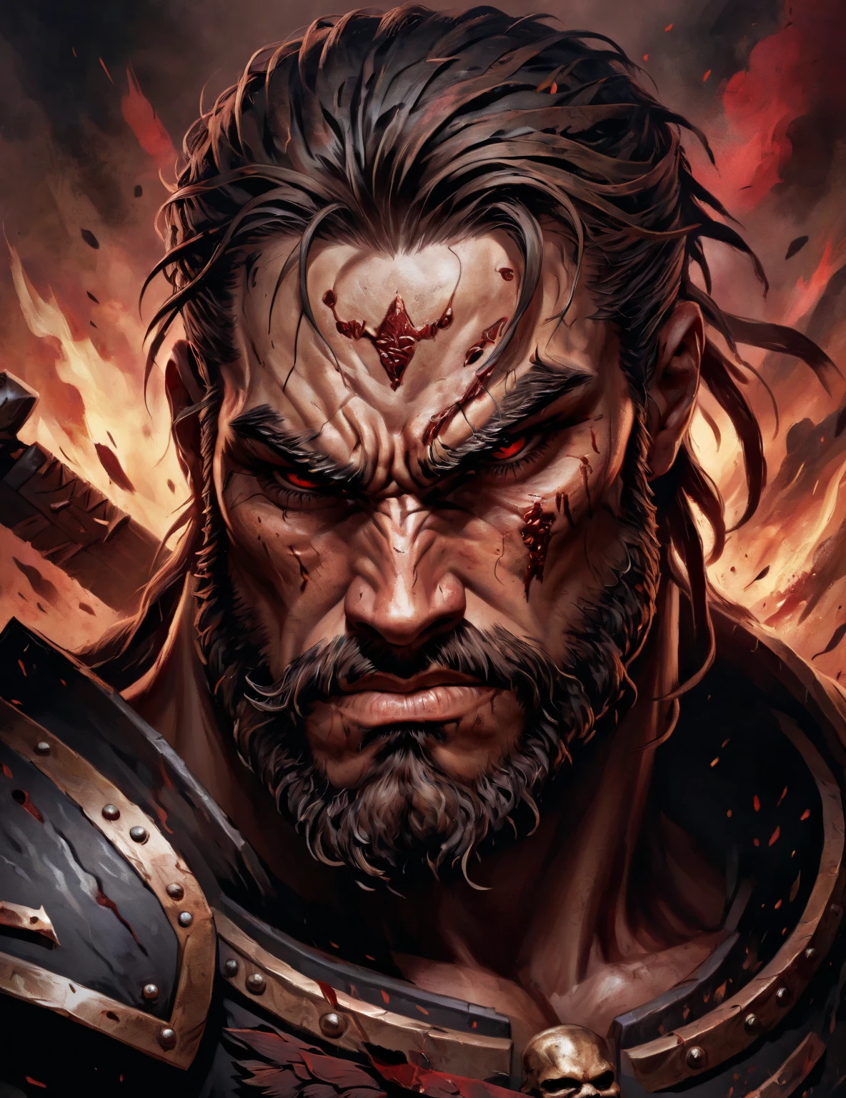masterpiece, high quality, best quality, beautiful, hd, realistic, perfect lighting, detailed face, detailed body, (1 man), red short hair, freckles on the face, brown eyes, courageous, brutal, (viking clothes), viking, (beard with pigtail), (blue tattoos on the face), ((blood)), angry, scream, <lora:knight_v4.1SD:0.6>, berserker, village, medieval