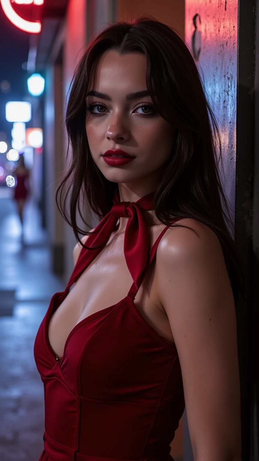 masterpiece, best quality,, sexy women, (colorful),(finely detailed beautiful blue eyes and detailed face),cinematic lighting,bust shot,extremely detailed CG unity 8k wallpaper,wavy white hair,solo,angry face,red dress,((flying petal)), sky, cloudy_sky, building, moonlight, moon, night, (dark theme:1.3), light, fantasy,