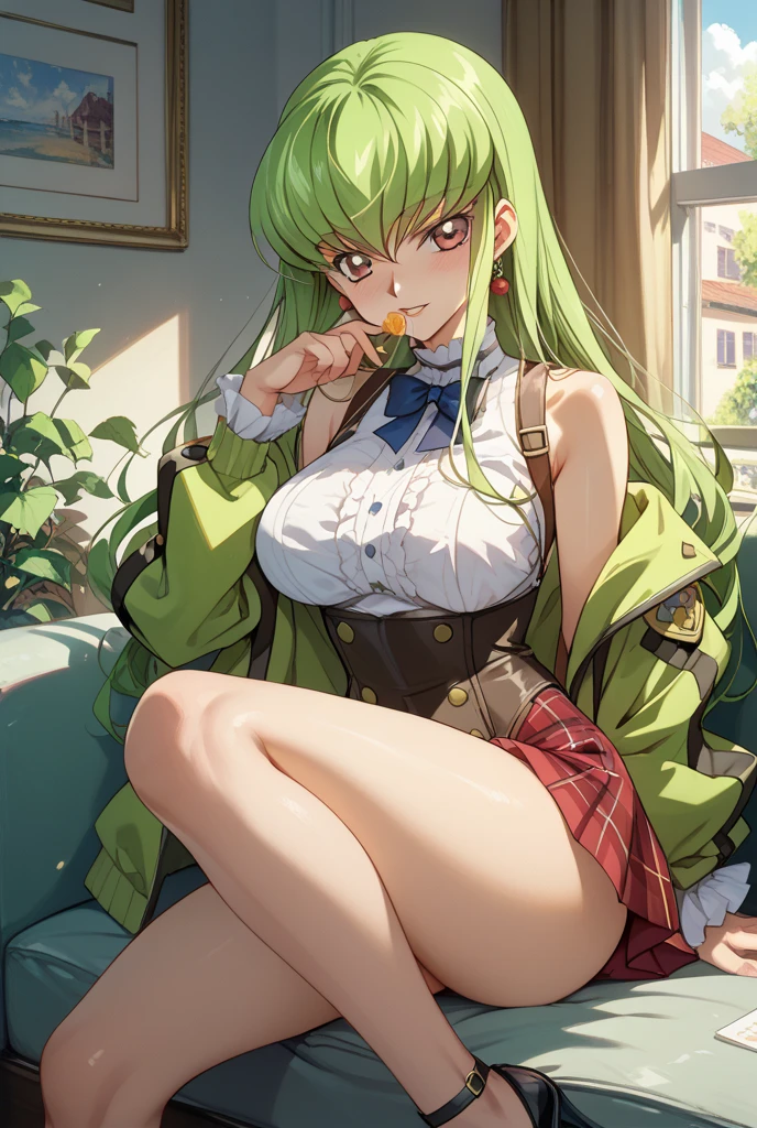 masterpiece, best quality, ultra-high-detailed, 1girl, naked coat, no bra, Sonozaki Shion, green hair, green eyes, long hair, yellow ribbon, pussy, fur trim