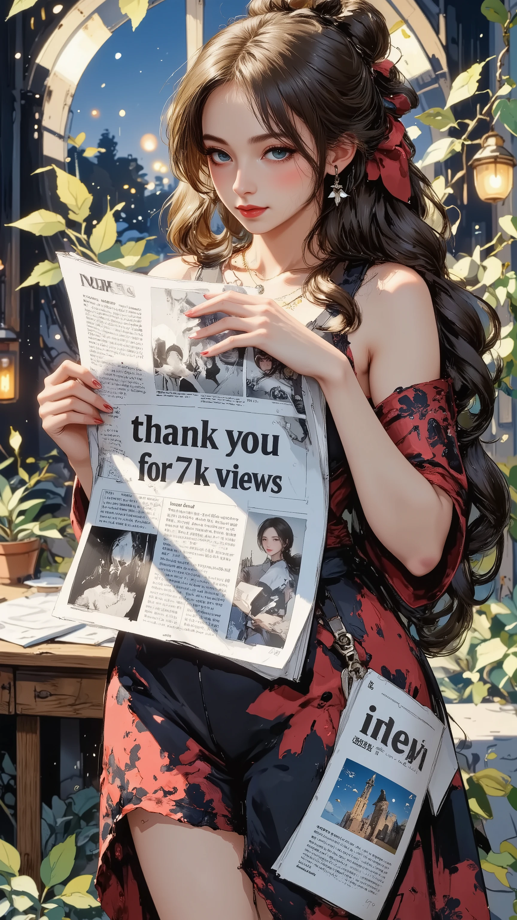 (((article, "Thank you for 7K views ", Add text"Thank you 7K views", holographic big font)))(news style:1.5), (((overlay text on a character))) {x}、(ink wash painting)、(1girl,curvy,smile,short hair ),ランダムなシチュエーション,ランダムなアングル