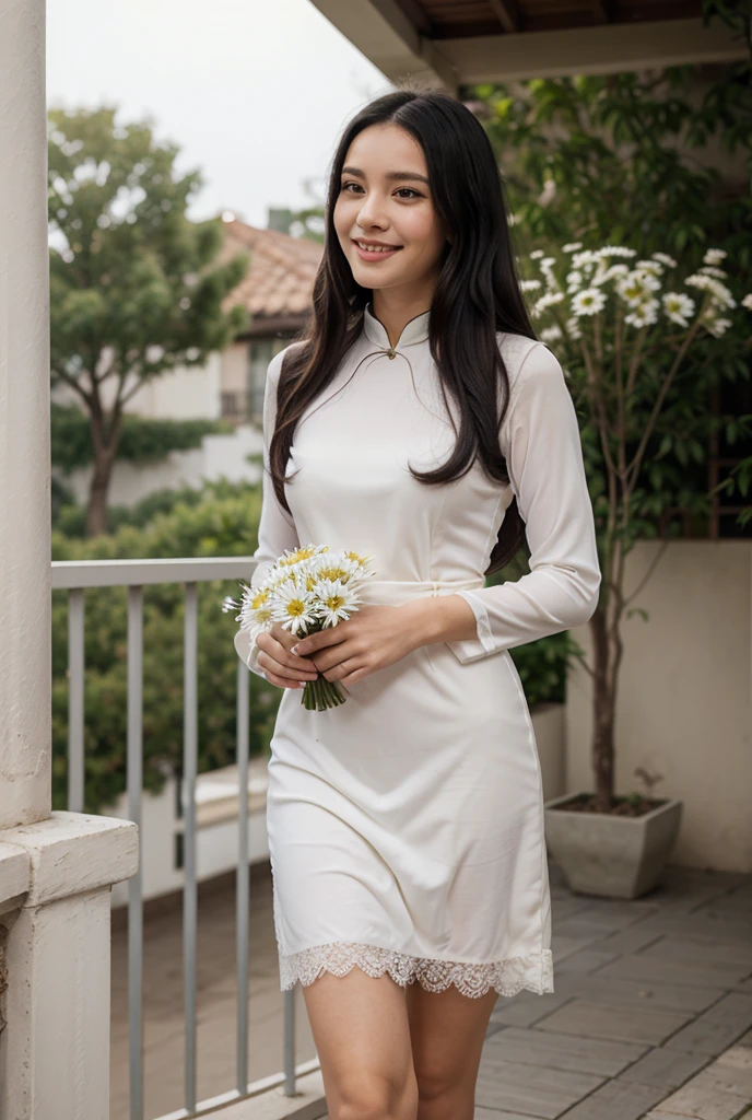 1girl, aodai  skinny, BREAK depth of field, film grain, wrinkled skin, looking at viewer, knee, warm smile, (upper body) masterpiece,ultra realistic,32k,extremely detailed CG unity 8k wallpaper, best quality