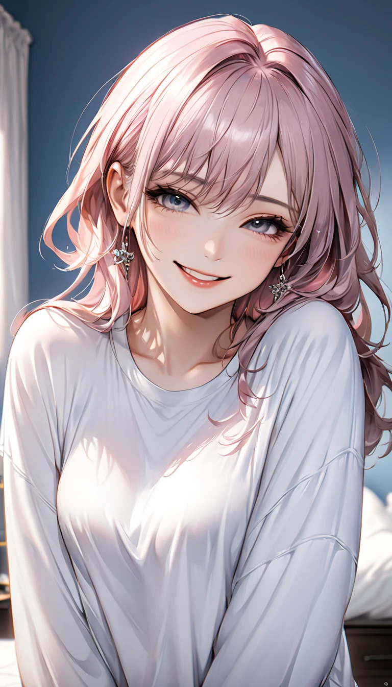 high resolution,smile,happy,light smile,woman,woman1人,adult,Clear,cute, blunt bangs,Pink Hair,BREAK, Brown eyes,BREAK,wavy hair,long hair,BREAK, ((looking at viewer)), Nurse uniform,Nurse cap,BREAK,Facing forward,BREAK,Pink background, BREAK,