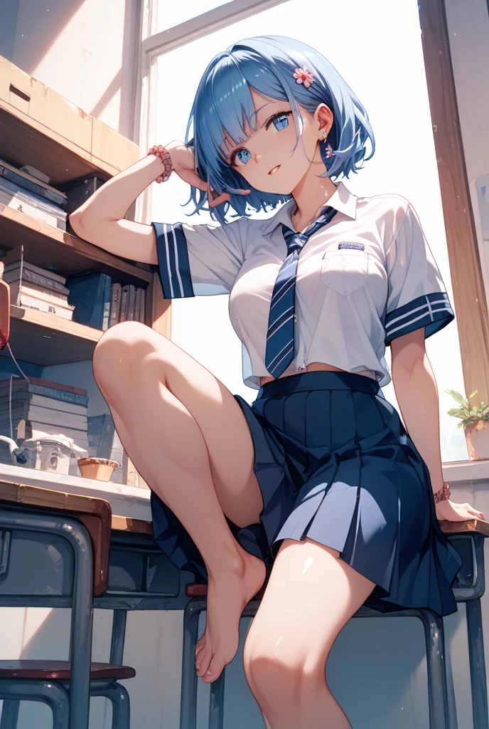 1girl and 1 dog. , short hair, light blue hair, school uniform, skirt, sitting, classroom, blush, glowing, sidelighting, wallpaper.