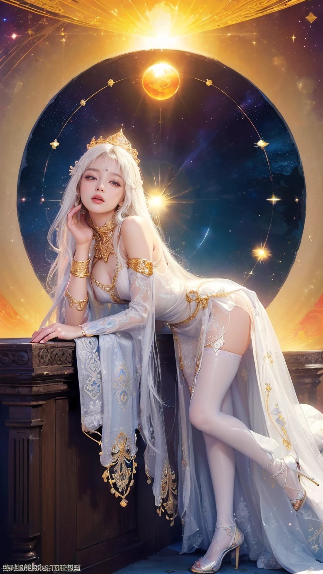 Woman in transparent dress,Viewer,(((Full breasts, Keeley University))),Slim waist,(Navel exposed,Bare waist), Long hair, extreme detailed details, Detailed fantasy art, Stunning character art, Beautiful and exquisite character art, Beautiful transparent dress, Very detailed, Girl wearing flowing Hanfu, Exquisite headpieces and jewellery,Crystal jewelry filigree, galaxy, Stunning visuals, (Dynamic Stripes, light rail:1.2), Vibrant colors,Long hair动漫女孩和狐狸, 美丽的白金色Angel女士, 白毛Angel, Beautiful character painting, Beautiful anime portrait, Angel翅膀的女孩, a beautiful Angel woman, Mystical artwork, Guweiz, by Ren Renfa, Angel, Large Breasts,Full breasts,Golden ratio figure,Perfect body,Ultra wide-angle shooting,Full body shot,Body close-up,Full body shot,Wearing a pleated tulle skirt,Soft anime illustration, Soft dark background,Fujifilm XT3 Clear focus, f 5.6, High Detail, Clear focus, Dramatic, (Wearing openwork clothing), (Looking at the audience:1.8), (Natural light), (Tempting)translucent, Good velvet quality, Compared, Divine Light,, Silver gray hair, Sky background, Absolute Strength,女性Angel,Girl in sexy silk,,Large Breasts,Full breasts,Golden ratio figure,Perfect body,Ultra wide-angle shooting,Full body shot,Body close-up,Full body shot, Wearing a tulle dress, Model shooting style, Large Breasts,Full breasts,Golden ratio figure,Perfect body,(Extremely detailed CG 8k wallpaper unit), The most beautiful artistic photos in the world, , 8K Ultra HD, ) On the big white bed,Lazy gesture,Charming and seductive expression,best quality,masterpiece,Ultra-high resolution,(Practical:1.4),original photo,Ultra-high resolution,White skin,Exquisite makeup,Long legs,Bright beautiful eyes,用深色眼影打造Exquisite makeup,