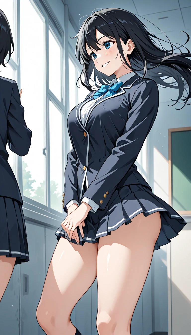 One Woman、On all fours、cleavage、Alluring face、high school girl、Sexy Bra、Fair skin、blazer、socks、loafers、Black Hair、art、The background is the roof of the school、blue sky、Colored pencil drawing,draft