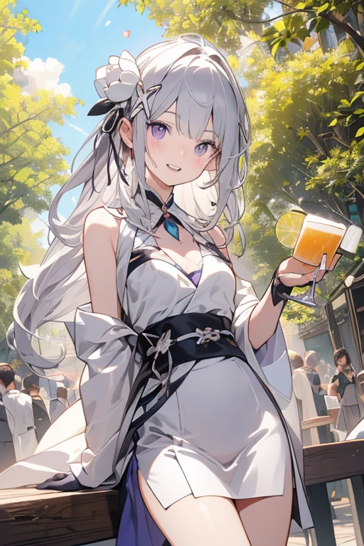 1 Girl、anime painting、Upper body close-up、profile、Natural Proportions、thin、Small breasts、smile、White skin、(long silver hair)、Beautiful blue eyes、Eating French Fries、blue sky、cloud、Background blur、Written boundary depth