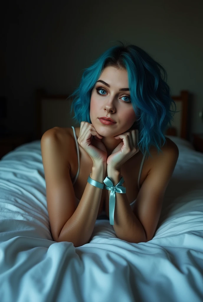 (photorealism:1.2), beautiful,attractive face British white skin tone woman, realistic face,sitting on bed, wearing loose off-shoulder top, pajama pants, long  blue hair, indoors, soft lighting, plants in background, window with sunlight, cozy room, relaxed pose, realistic, intricate details, warm colors, by Greg Rutkowski, by Alphonse Mucha