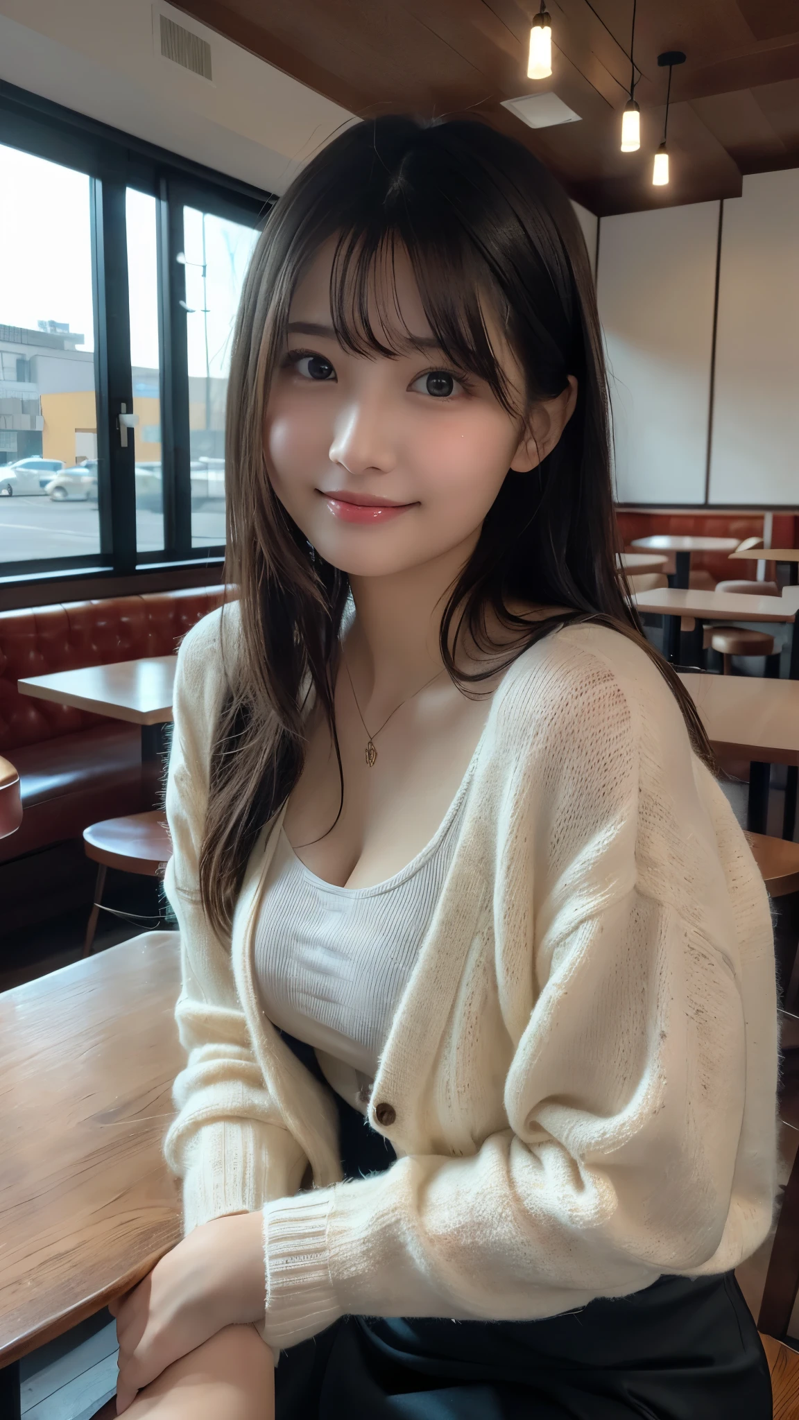 (best quality), masterpiece, photorealistic, portrait photo of a japanese woman, 20 years old, realistic skin, eye catch, medium breasts, off-shoulder t-shirt, at cafe、Cleavage、Bright lighting
