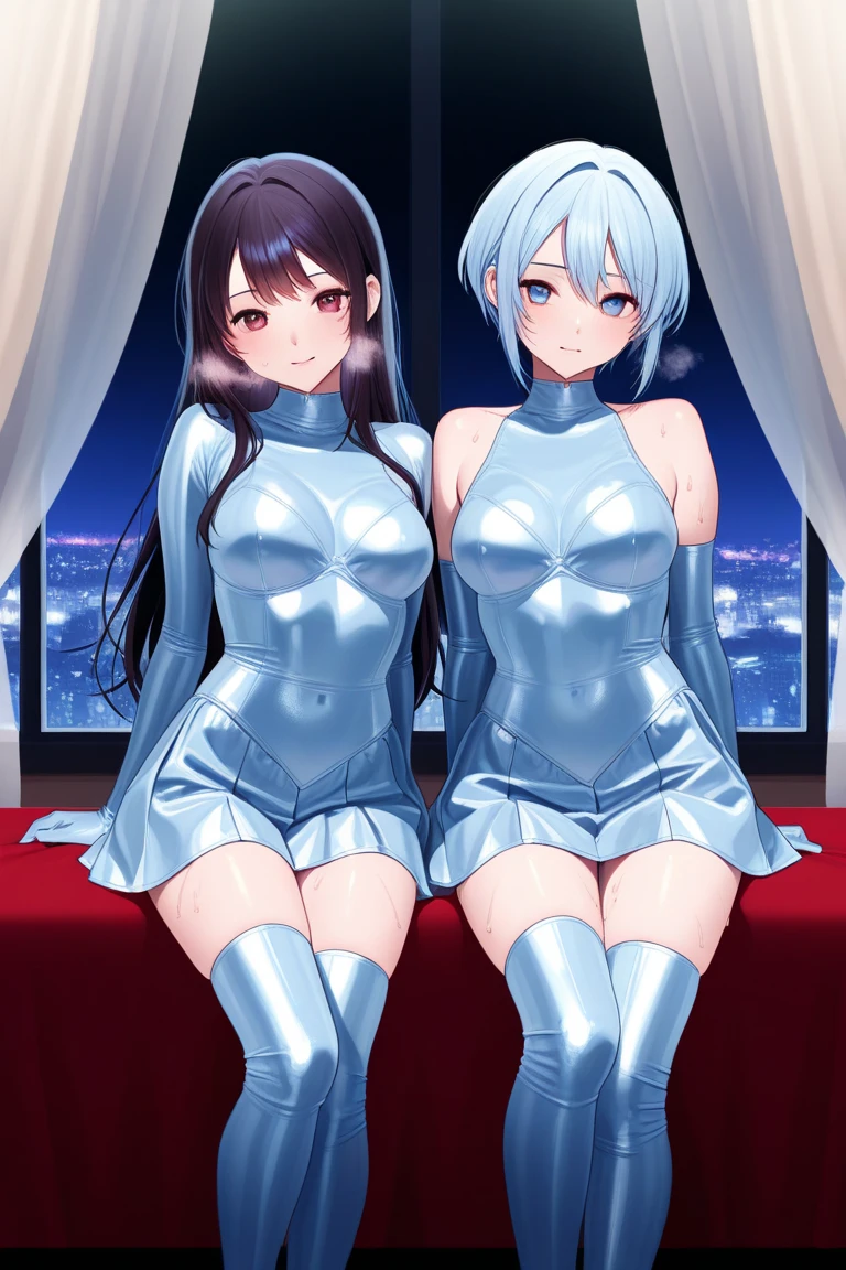 ultra-detailed, Explicit, Beautiful body, Beautiful Nose, Beautiful character design, perfect eyes, perfect face, ultra highres, 4K, beautiful legs, perfect legs, Nice hands, Perfect hand, Masterpiece, Best Quality, Highly detailed, illustration, absurdres, perfect anatomy, (((blue delmo uniform, jacket, blue latex jacket))), (((blue latex pencil skirt, tight blue miniskirt))), black bow, gold stripes, extremely glossy latex, juliet sleeves, puffy sleeves, absurdres, highres, solo, cowboy shot, ((1girl))), perfect hands, wind, (highres,best_quality,masterpiece), hair ornament, small breast, melusine, (brown eyes:1.5), long hair, white hair, sidelocks, (((holding shield, shield)))