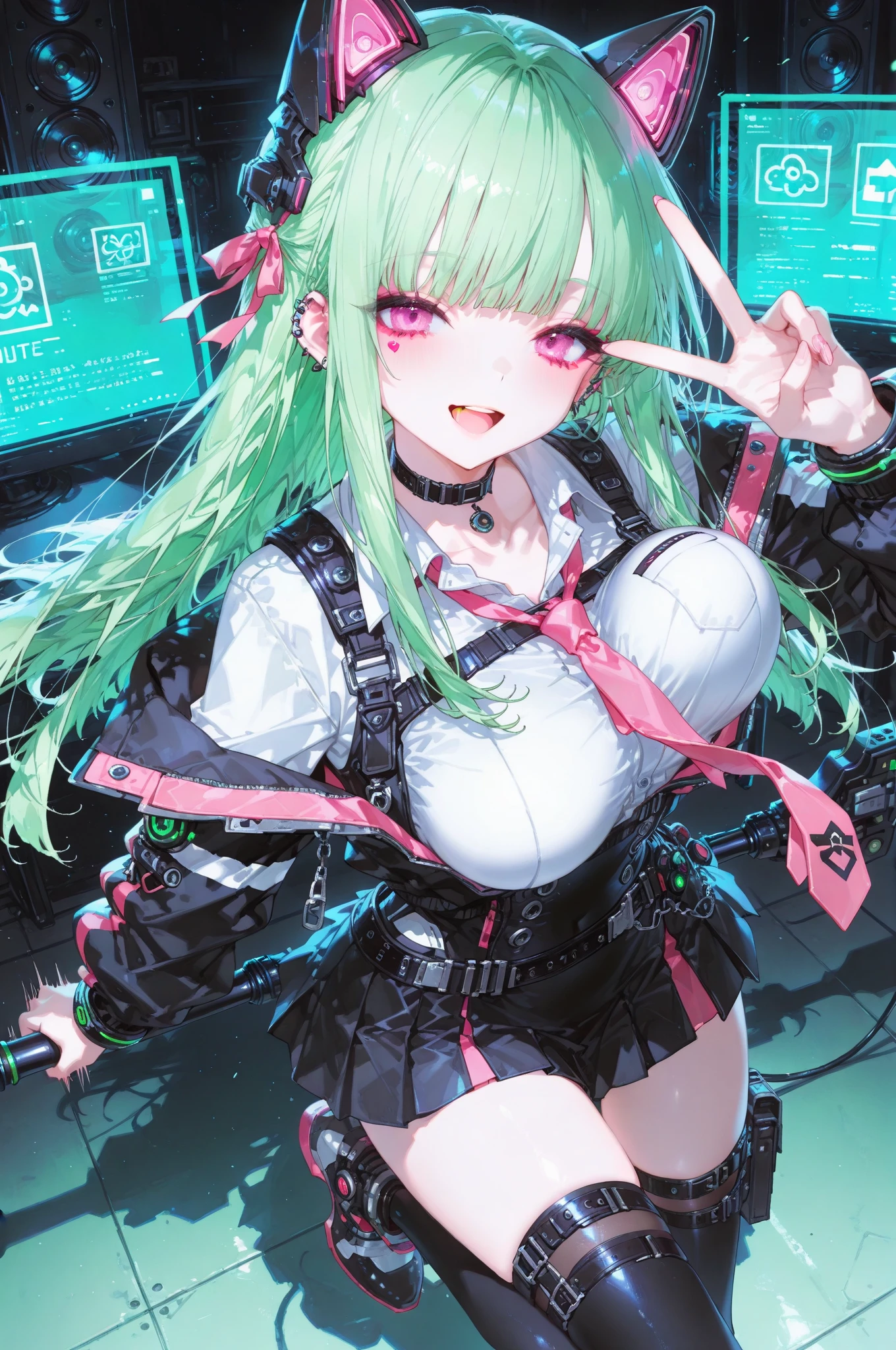 masterpiece, top quality, best quality, (sexual), 1girl, (upper body), (standing), Mitsuri, (gradient hair color), (long hair), seductive expression, sultry face, (love goddess), green eyes, (erotic),, cleavage, (demon slayer uniform), white jacket, (mini skirt), black skirt, (forest), (dark forest), (rain), (ominous),