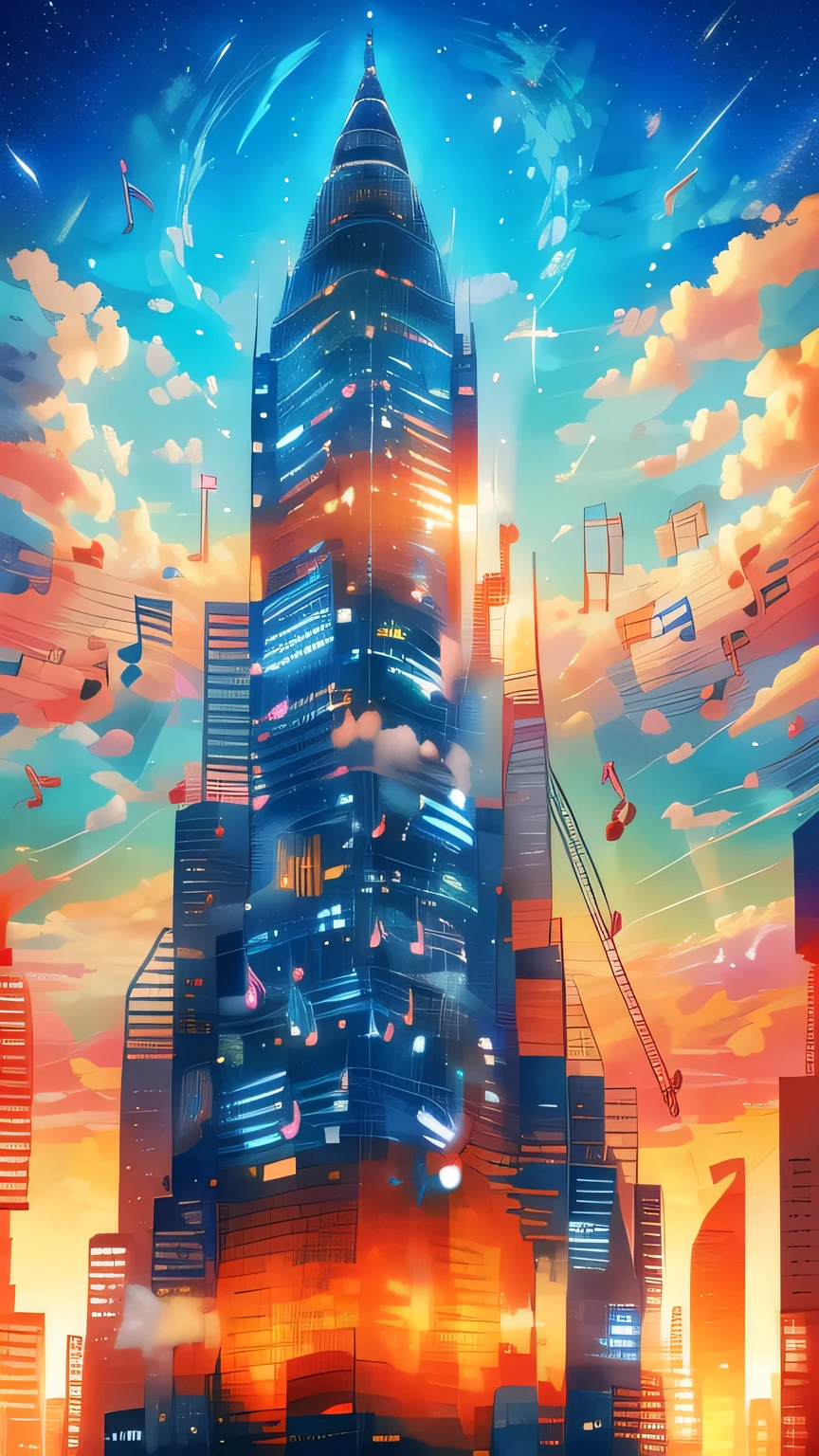 noteが紡ぐビル街　(noteがskyscraperを築く)　a melody is played through the city　a dream city built with music　guitar　(note)　(night)　カラフルなnote　輝くnote　(Colourful Musical Note)　(Musical Note)　 girl facing backwards 　back header　Girl Sitting on a Building　(nightの都市) 　Fantasy　(skyscraper)