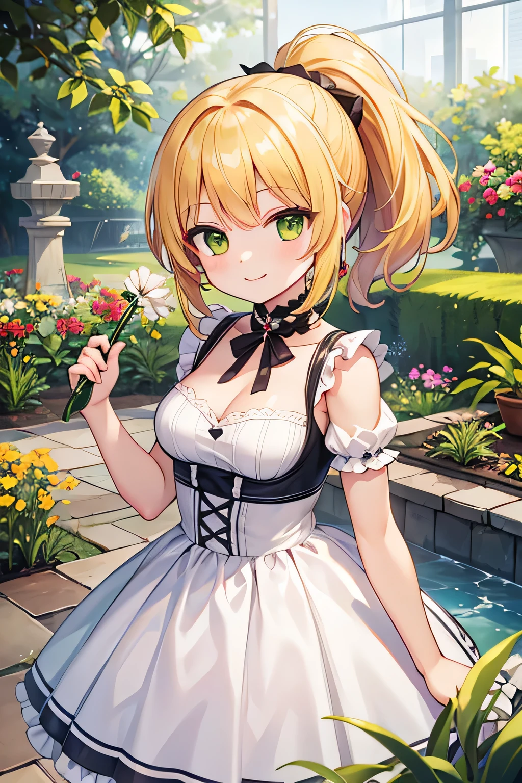 ((masterpiece)),(((best quality))), ((ultra-detailed)), ((illustration)), masterpiece, best quality, highres, {beautiful detailed eyes}, finely detail, 4k wallpaper, insanely detailed frills, extremely detailed lace, There are many scattered luminous petals, colorful flowers, night and starry sky
1girl, solo, (short blonde hair:1.2), (red eyes:1.0), gigantic breasts, (wearing naked apron:1.1), (hair ornament:1.1), (standing in a flower field:1.2), (full body:1.0), (shy and blush:1.0),