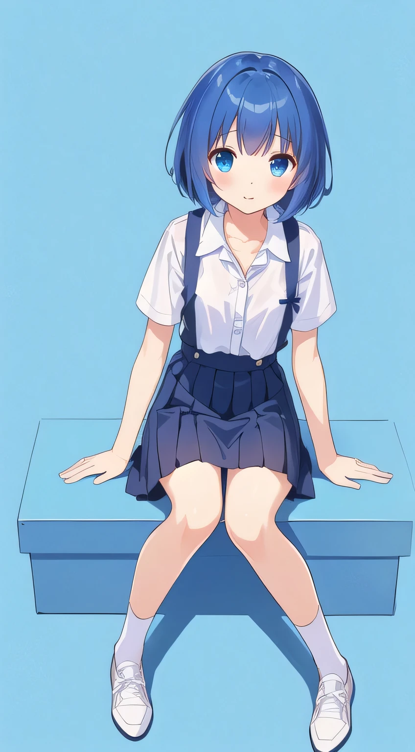【style】 anime illustration、【appearance】 1 girl、 quick、W-sitting、young face、Blue Hair Girl、short hair、(open collar:1.2)、No bag、【costume】 uniform、suspender skirt、(wrinkles showing slightly on the left shoulder:1.3)、(box skirt:1.3)、ankle、white blouse、Short sleeve、【image effect】 background white、from front、full body