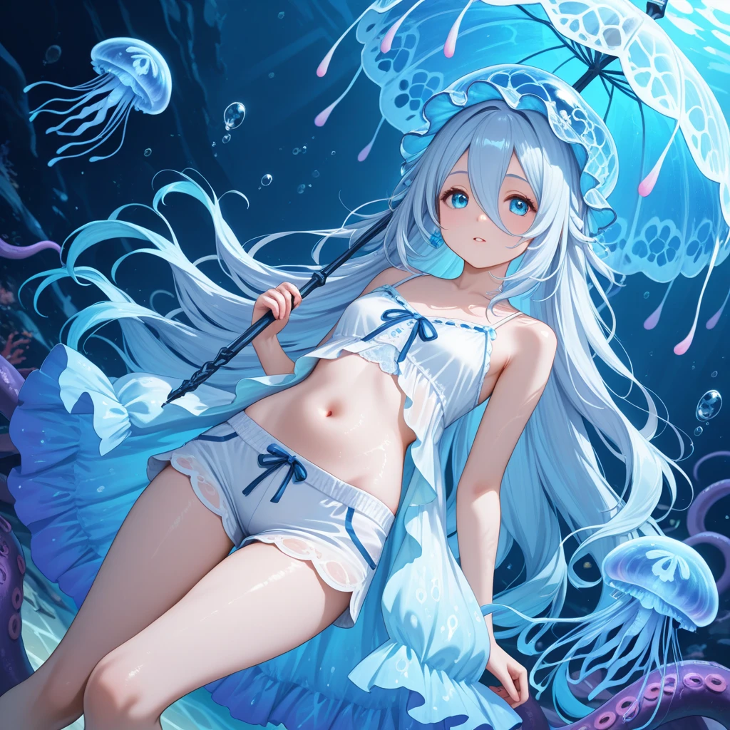 under water, jellyfish, white jellyfish, nsfw, 1girl, , , jellyfish skirt, see-through skirt, topless, nipples, bottomless, pussy,white hair, wavy hair, bend knees,smile
