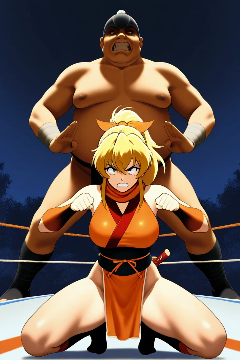 ((((masterpiece, best quality, high resolution)))), Extremely detailed 8K, 1 female, wearing a white Karate gi, (ahegao),white eyes, Small breasts,full body, kneeling, tired, (muscle:1.4), japanese clothes,  No underwear,No eyeballs, Facing the audience, looking at the audience, tired, from below, (Exposed armpit:1.1), ((armpit:1.2)), sexy, Sweating, More and more sweat,(ahegao), (Roll your eyes),  open mouth, Sticking out tongue, saliva, Slobber,Skinny, raise arms, (arms above head:1.5)(Ultra HD, Ultra-detailed, Highly detailed, Highly realistic, Ultra-realistic, photograph realistic), (1girl:1.5), (Realistic yellow hair), (dynamic poses), facing at camera, looking at viewer, (slightly serious face),(red eyes, sharp eyes), (perky breasts:1.2), (beautiful detailed face, beautiful detailed eyes), ((worn out karate gi)), (preparing for a fight), sweat, glow, (sunbeam, sunlight), ((cowboy shot)), inside a training gym, seductive, EnvyBetterHands LoCon. 