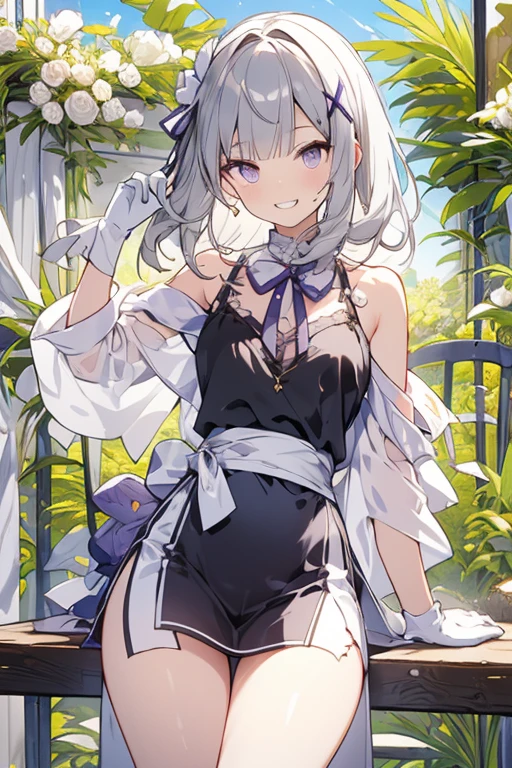Silver Hair、blue eyes、girl、Small breasts、Twin tails、girl、Small breasts、Lolita、Bright smile、Looks about 15 years old、Petan Musume、Short、目のhighlight、Sexy thighs、Flower Garden、color々The flowers are still blooming、bouquet、Mine-based costumes、Your eyes are so beautiful、highlight