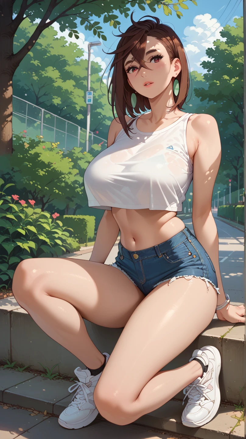 sexy, tropical boardwalk, beach shops, benches, 20 year old girl, Tifa, (puffy nipples:1.5), perky big tits, (full lips:1.3), girl, Tifa, topless, cotton pink booty shorts, clutch purse