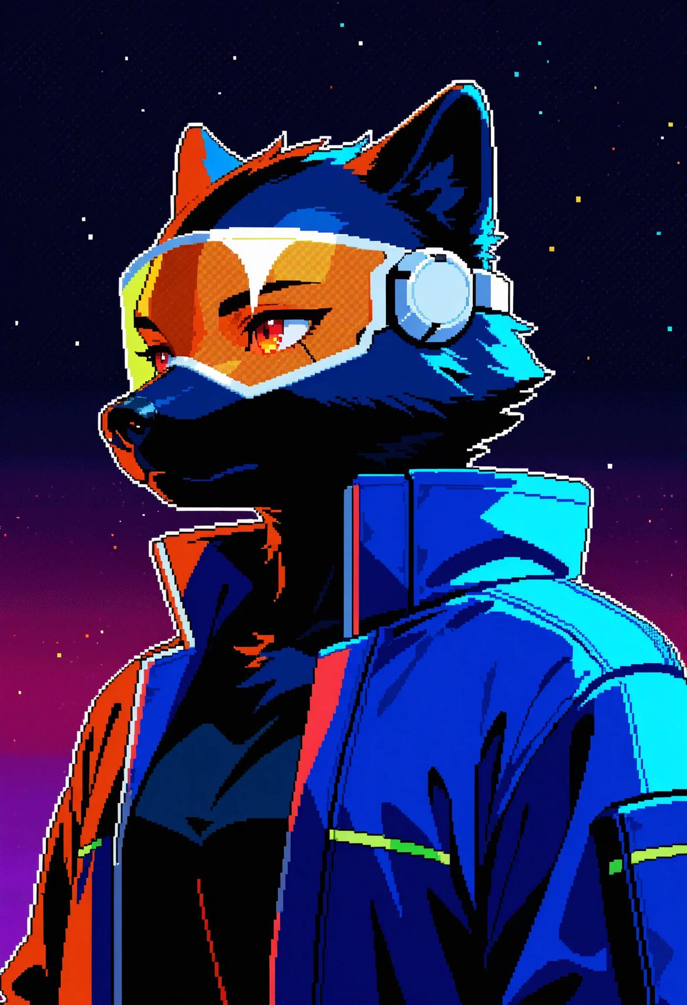 pixel art, digital oil pastel on canvas, animal, furry, upper body of a cyberpunk raven dressed in black techwear jacket, eye visor