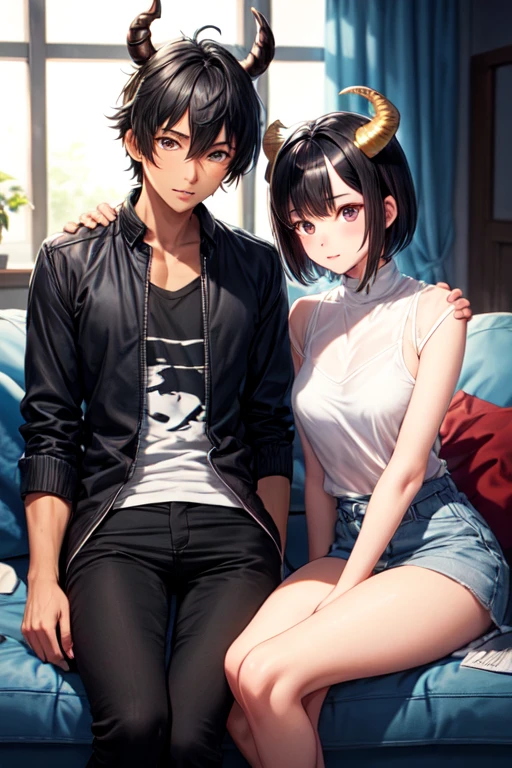 England Guy with Light skin, medium black hair, heterochromia, his left eye is orange and his right eye is green, he uses emo clothes, and is kissing a asian woman with Medium black hair with a front purple bang, white skin, pink eyes, goth clothes --auto --s2