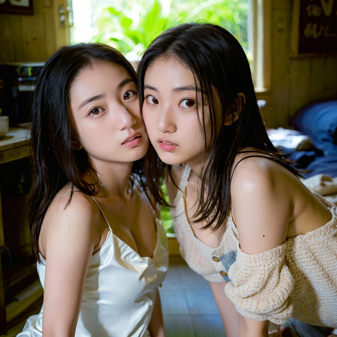 (2 heads:1.5) High quality, best quality, photo realistic, beautiful photo, 18 years old woman, cute japanese, long black hair, pale skin tone, tank top, rainy day, porch, small old japanesse house, wet hair, wet clothes, middle of the rain.