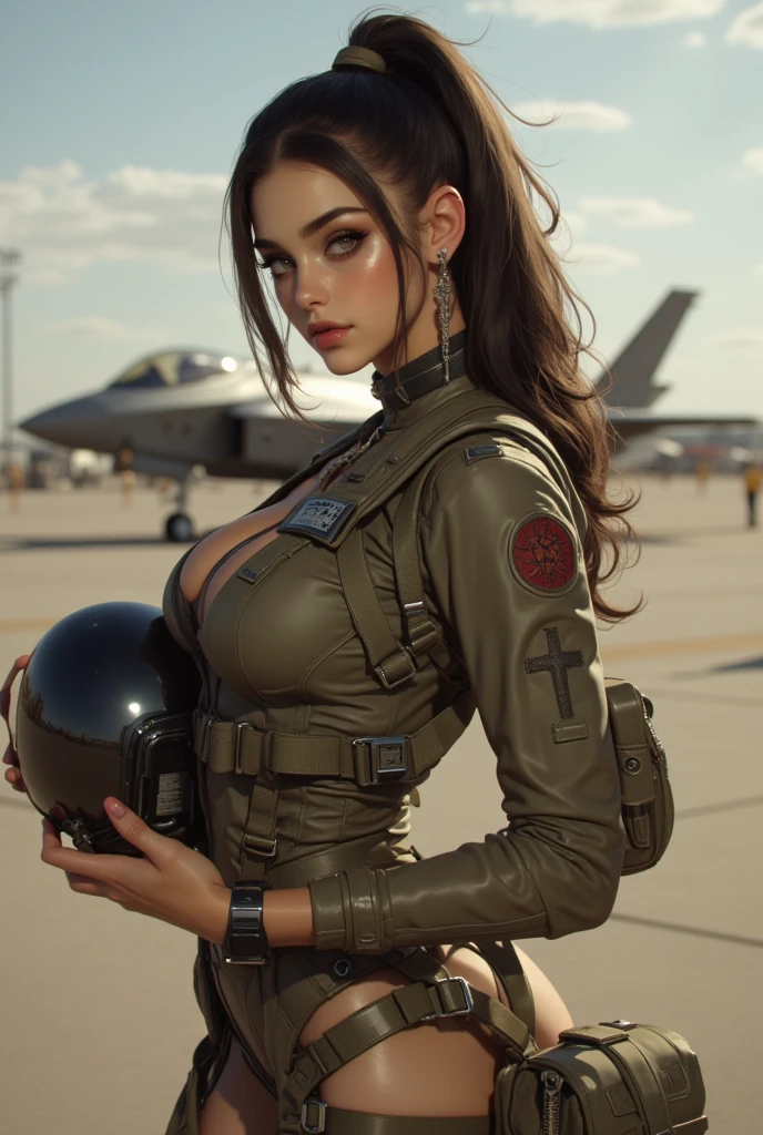 very skinny white girl in army aeroplane cockpit in the jungle, cabelos pretos encaracolados e curtos, ussr uniform, muito linda, muito atraente, muito magra, very large breasts, vintage, sunglasses, militaire, sunset, pilot