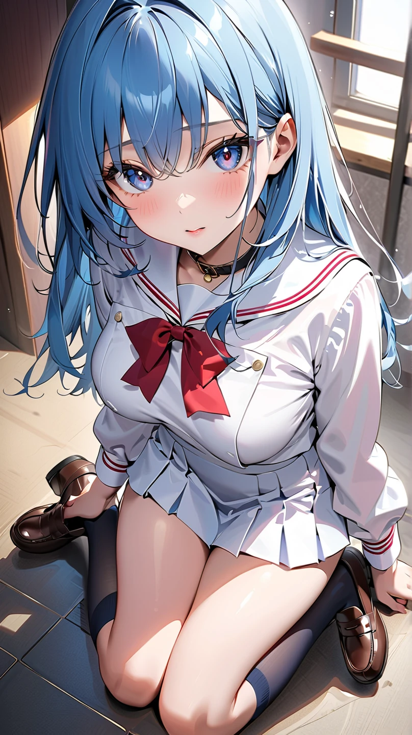 (Highest quality:1.2, Manga works, Manga style, Very detailed, Latest, Vibrant, digital coloring, High Contrast, masterpiece:1.2, Highest quality, Best aesthetics, There is), ((( 1 female:1.2))), Black Hair、Random hairstyle,Sailor suit、loafers、(White shirt、Pleated skirt、Knee-high socks、White simple panties:1.2)、Voluptuous bust、(Sitting flat:1.5)