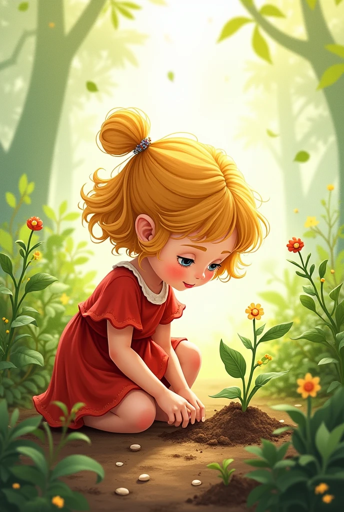 The same girl with long wavy light blonde hair in two high ponytails, wearing her light blue dress and yellow shoes, kneeling on a garden path, carefully planting a seedling in the soil with a focused expression.