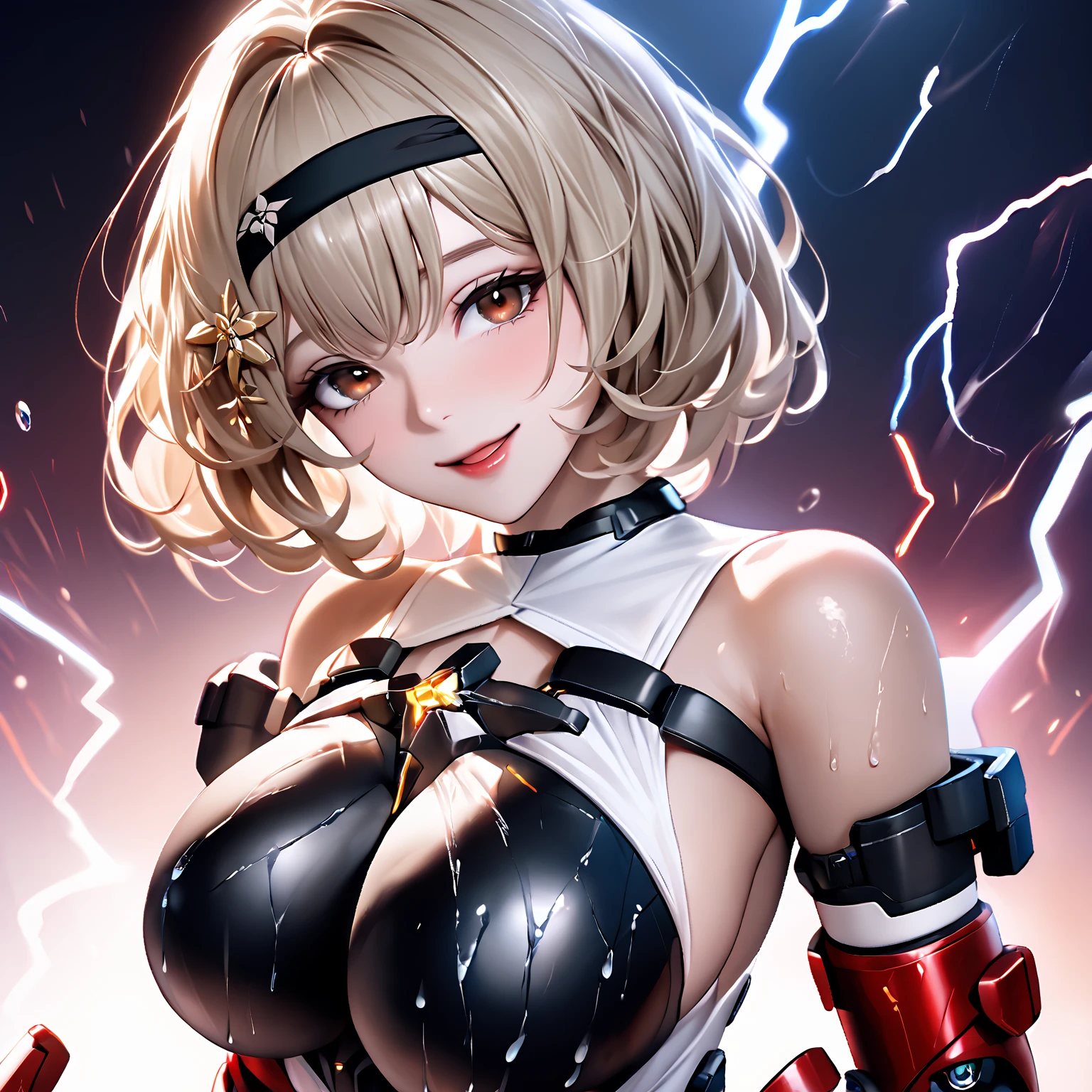 perfect hands, perfect finger,perfect anatomy, masterpiece, best quality,realistic, hyperrealistic, 16k hdr,1girl, large breasts,erected nipples,silver hair, braid,mobile trace suit, shoulder armor,bodysuit,fighting pose, upper body, cockpit,from above