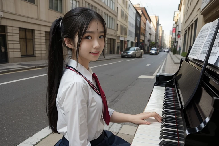 best quality, masterpiece, on the street, street piano, a Japanese pretty girl, smile, looking at viewer, small , flat , ponytail hair, school uniform, playing the piano, musical notes background, 