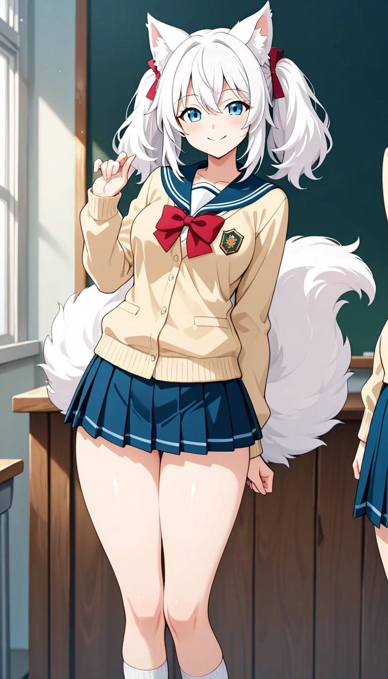 table top High level image quality best image quality 8K adult woman portrait white long gloves(elbow gloves) white pantyhose Sailor suit without sleeves(leotard) white wolf ears Emilia re:zero, purple eyes, Emilia, crown braid, x hair ornament, flower hair ornament, white hair, long hair, medium breasts, white tail, attractive face((laughter)(smile)(open your mouth)) beautiful feet Are standing School