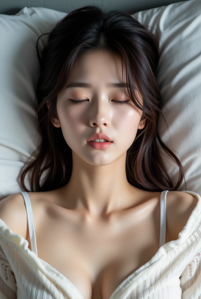 (((25 years old korean girl with white tanktops))), ((hazel eyes color, pale skin, bright skin, flawless skin)), (((perfect 36C breasts, perfect ideal body))), (((closed eyes))), (((full body))), ((medium short and ears visible)), (((ultra realistic, ultra fine details, realistic person, HDR10+, Dolby Vision, golden ratio))), (((sleeping on bed mattress))), (((from above view))), (((korean unique face, long face shape, wide forehead visible))), ((dramatical, cinematic))), bedroom background.