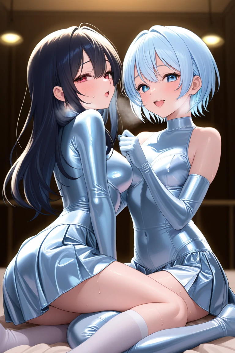 3DCG form。Blue Eyes、Blue hair long updo girl、Slender Busty Spy、Naughty black spy outfit。Secret Underground Facility。Kneel、blush、shame。