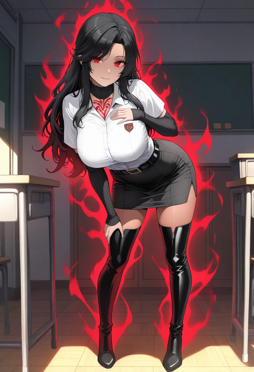 Mature beautiful woman,(Highest quality,Extremely detailed depiction,Incredibly absurd high resolution,Anatomically accurate depiction,Curvy Legs),(Glowing Skin,Shiny skin,),Cool female lawyer,suit,Tight Skirt,Lawyer Badge,Black tie,Glasses,Half-closed eyes:1.3,There is cleavage in the chest,Under trial,background:Under trialの法廷