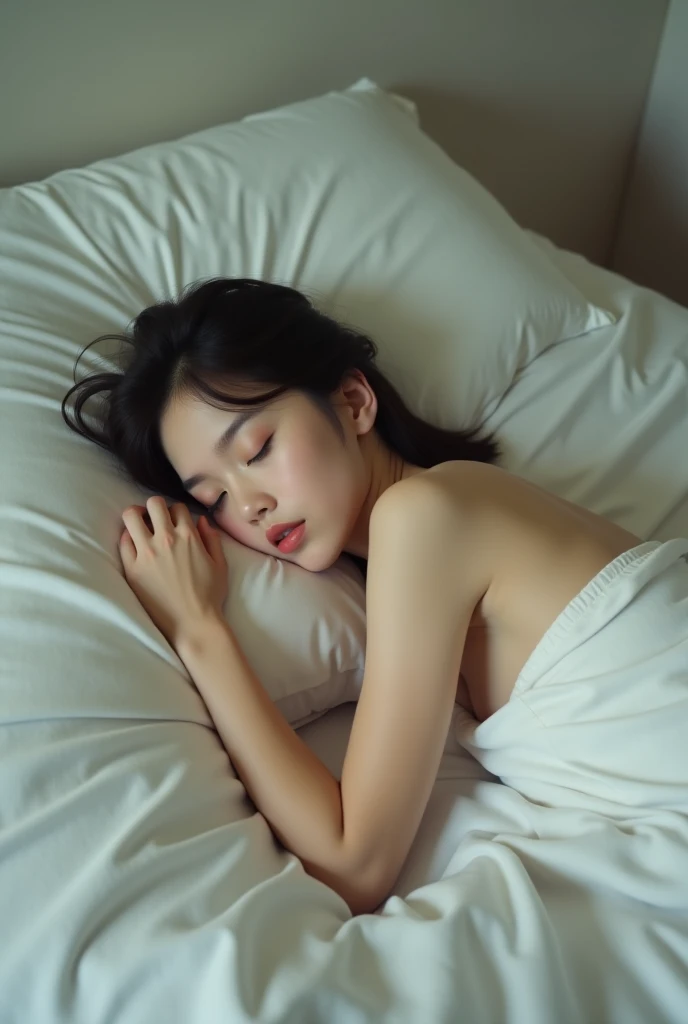 A naked sleeping Japanese woman with short hair is seen from above