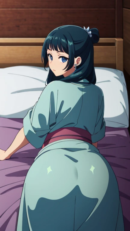 Top quality (8k, high resolution, masterpiece: 1.2), ((Goddess of beauty)), laying in bed, super detailed, anime art style, dynamic angle, photo from behind, teen style, (tight yukata), Perfect ass, detailed white hair, detailed blue eyes, intricate hairstyle, long hair , slim body, sparkling eyes, youthful, hair accessories, earrings, tight cloths, detailed lighting, bright colors, looking at the viewer, in the center of the image, cowboy shot, ((FOCUS ON ASS))
